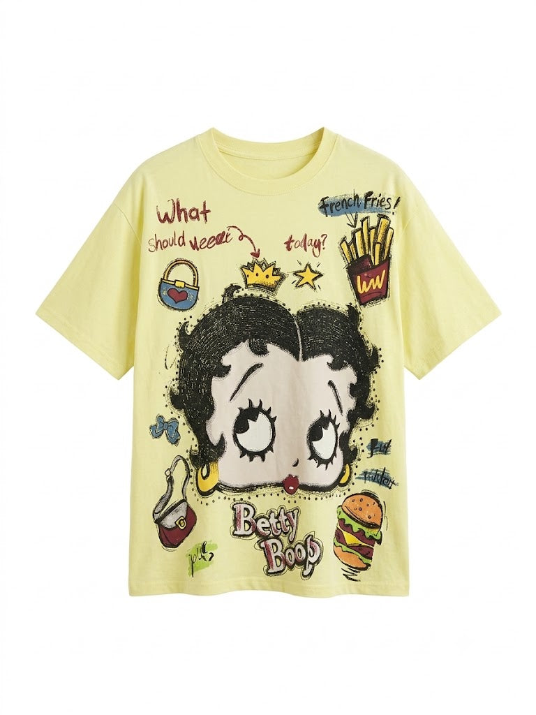 Yellow Vintage Cartoon Graphic T-Shirt | Y2K Retro Oversized Tee