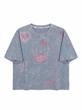 Rhinestone Kitty Graphic Acid Wash Oversized Cropped T-Shirt – Blue