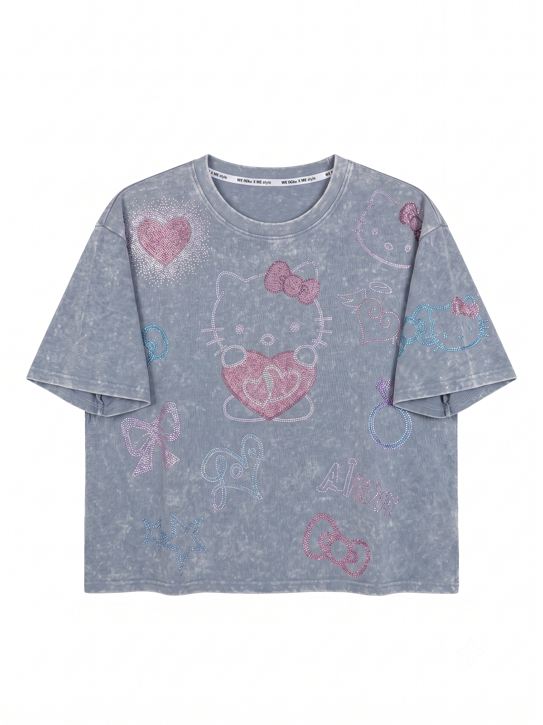 Rhinestone Kitty Graphic Acid Wash Oversized Cropped T-Shirt – Blue