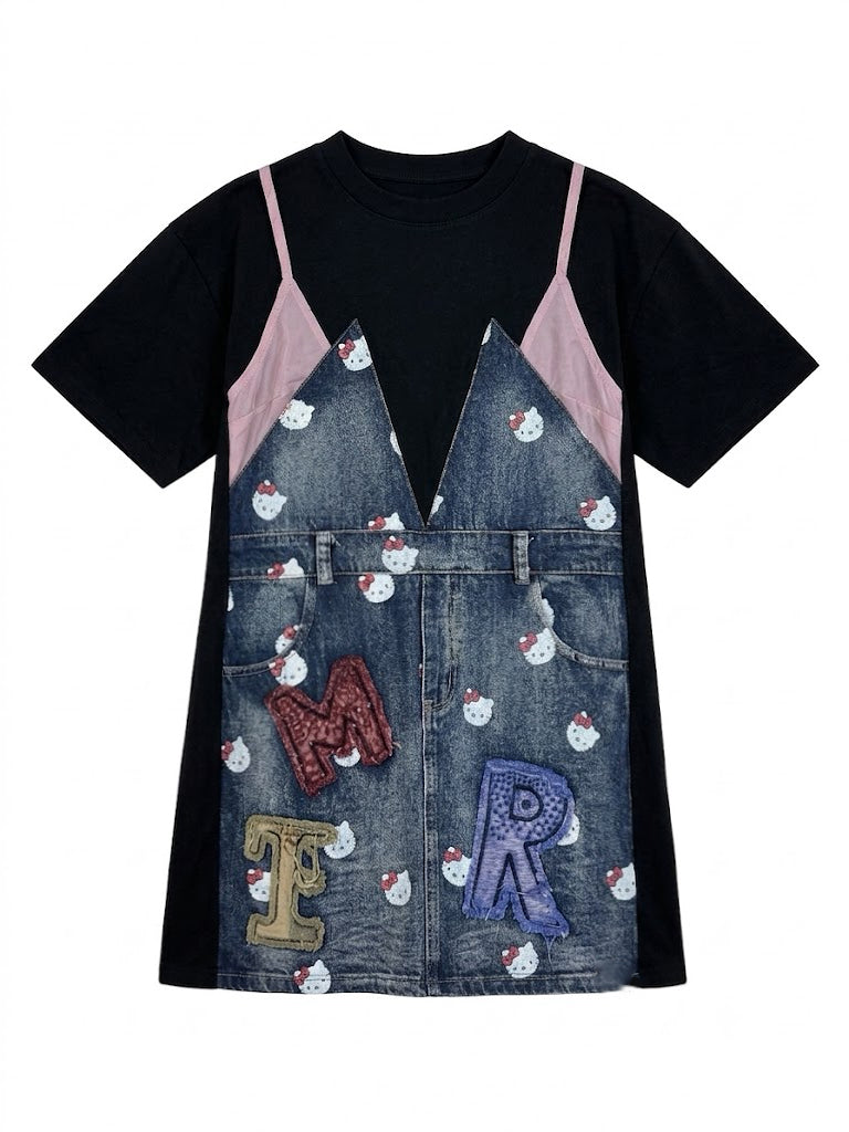 Kitty Inspired Layered Graphic Mini Dress – Black