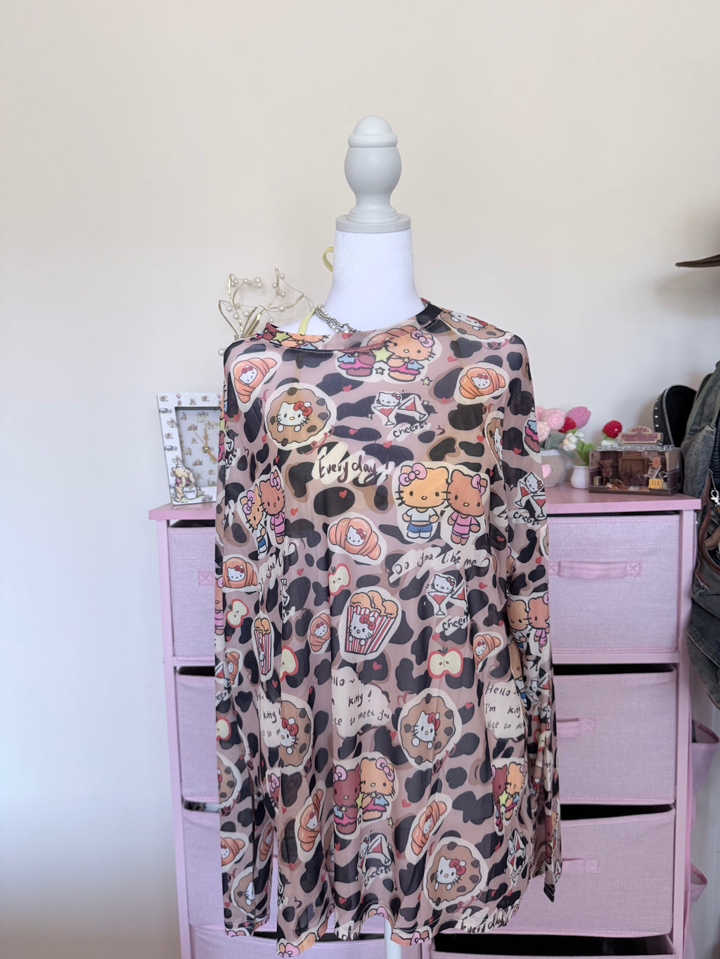 Leopard Kitty Graphic Mesh Long Sleeve Top | Y2K Harajuku Cute Punk