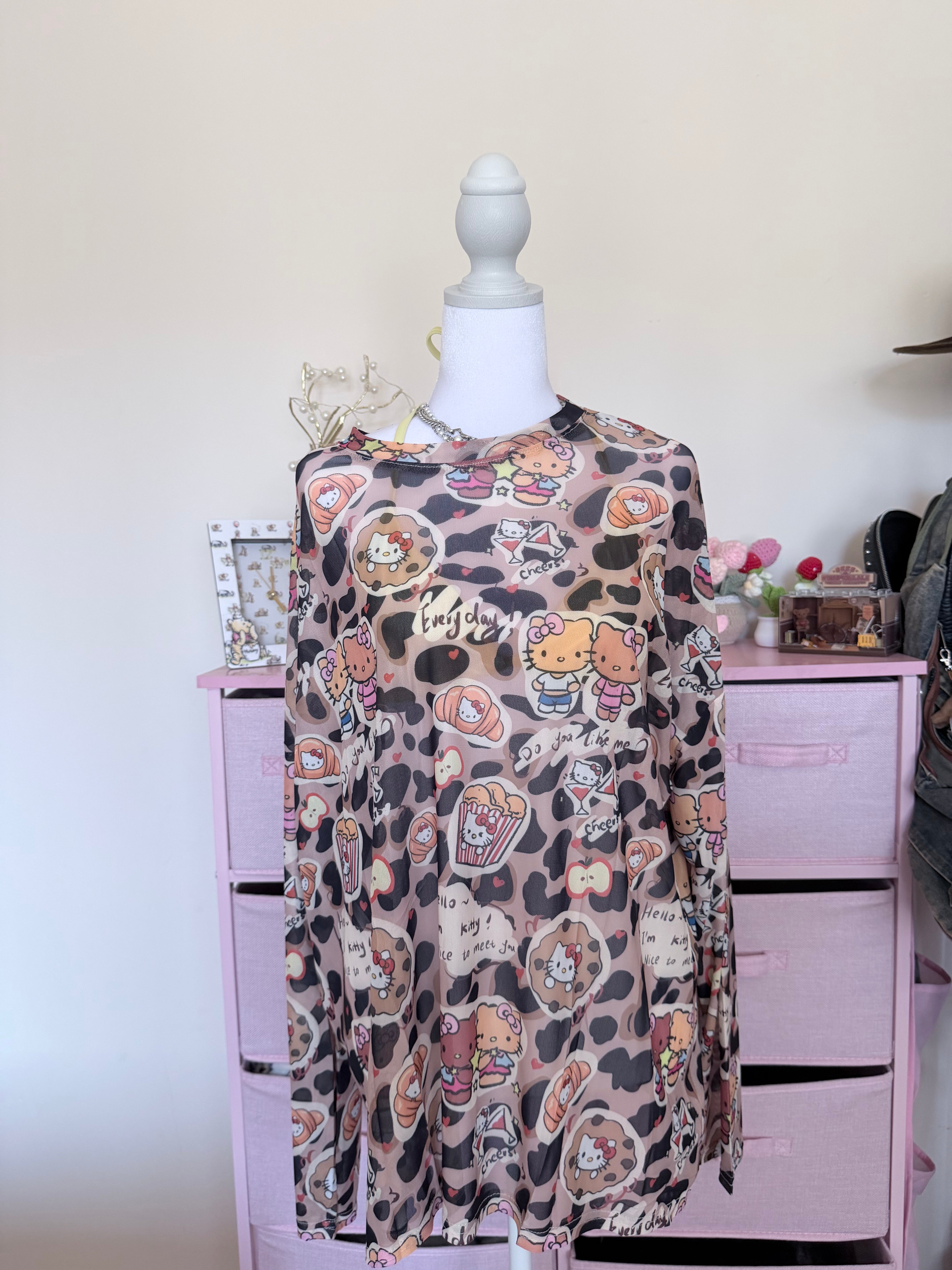 Leopard Kitty Graphic Mesh Long Sleeve Top | Y2K Harajuku Cute Punk