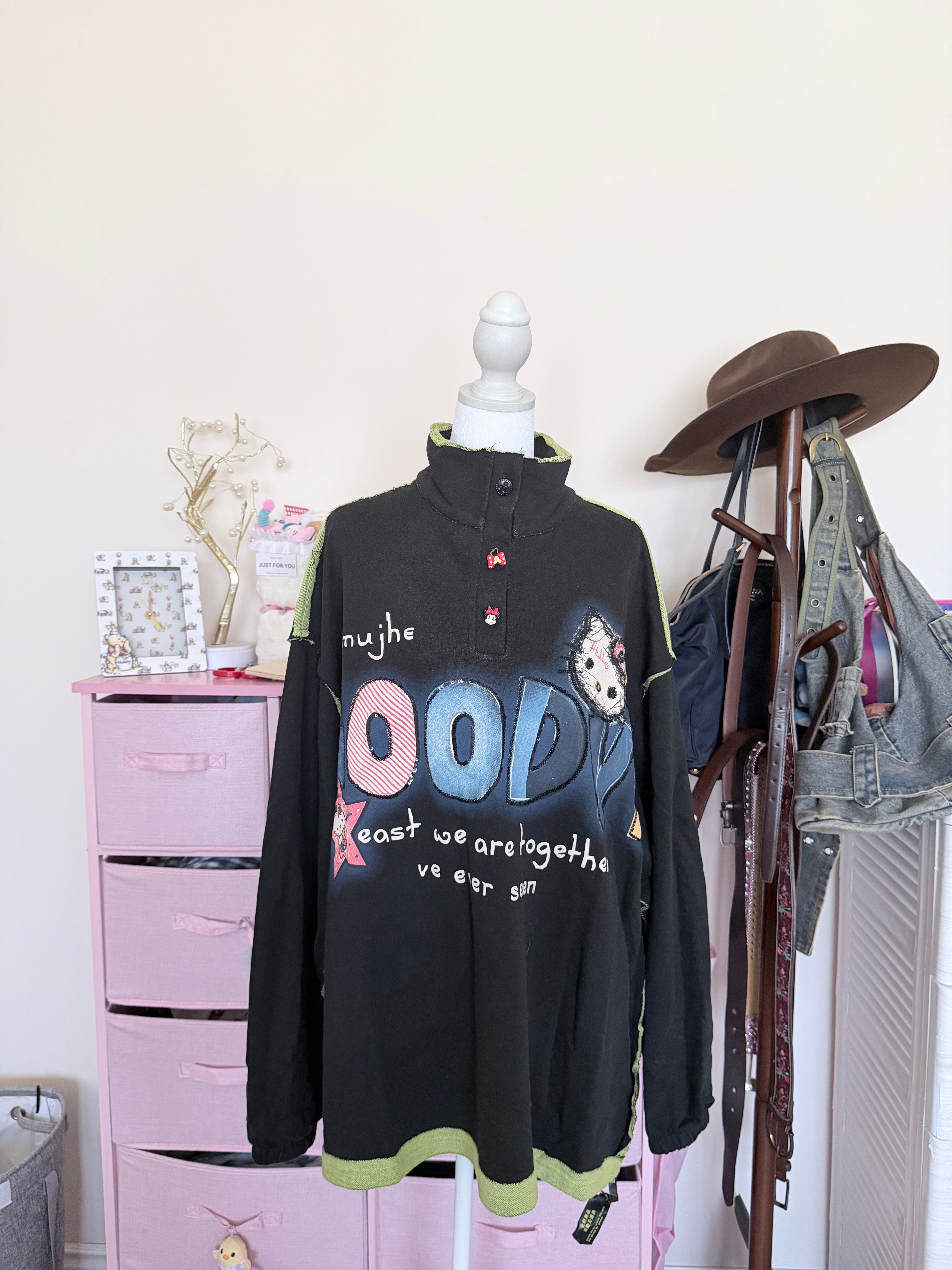Black Cartoon Appliqué Half-Zip Pullover | Y2K Oversized Sweatshirt