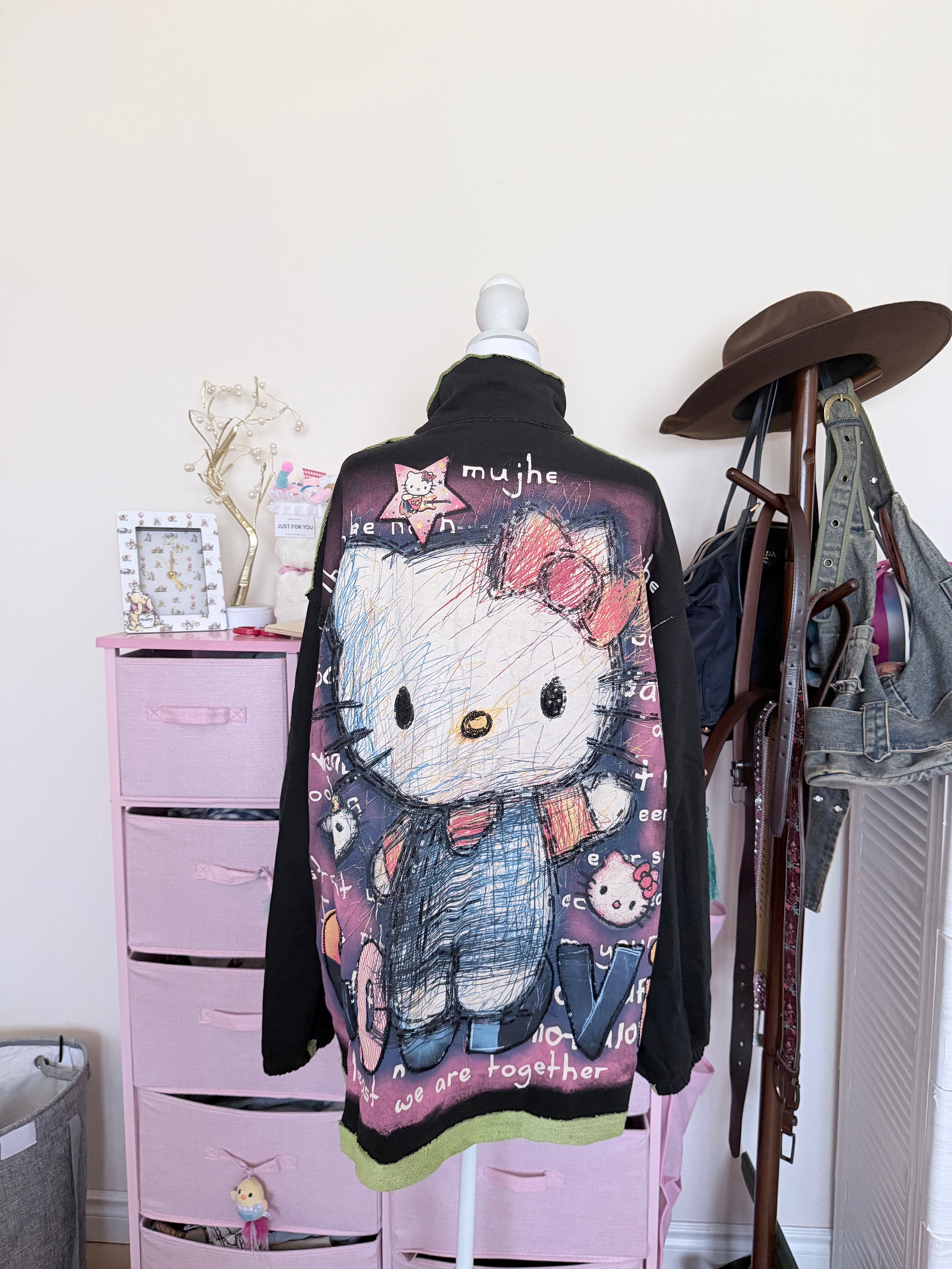 Black Cartoon Appliqué Half-Zip Pullover | Y2K Oversized Sweatshirt
