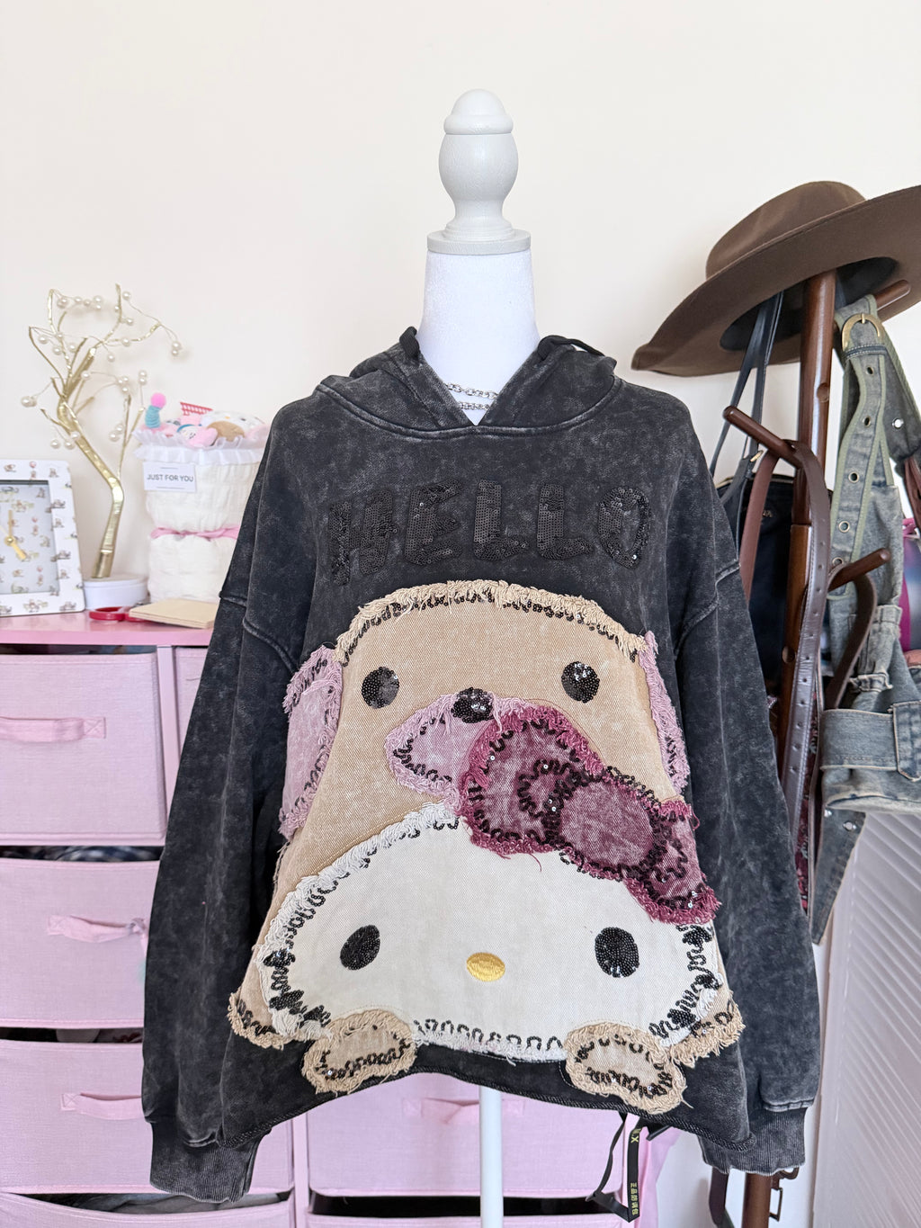 Washed Black Patchwork Graphic Hoodie | Rhinestone Y2K Oversized Sweatshirt