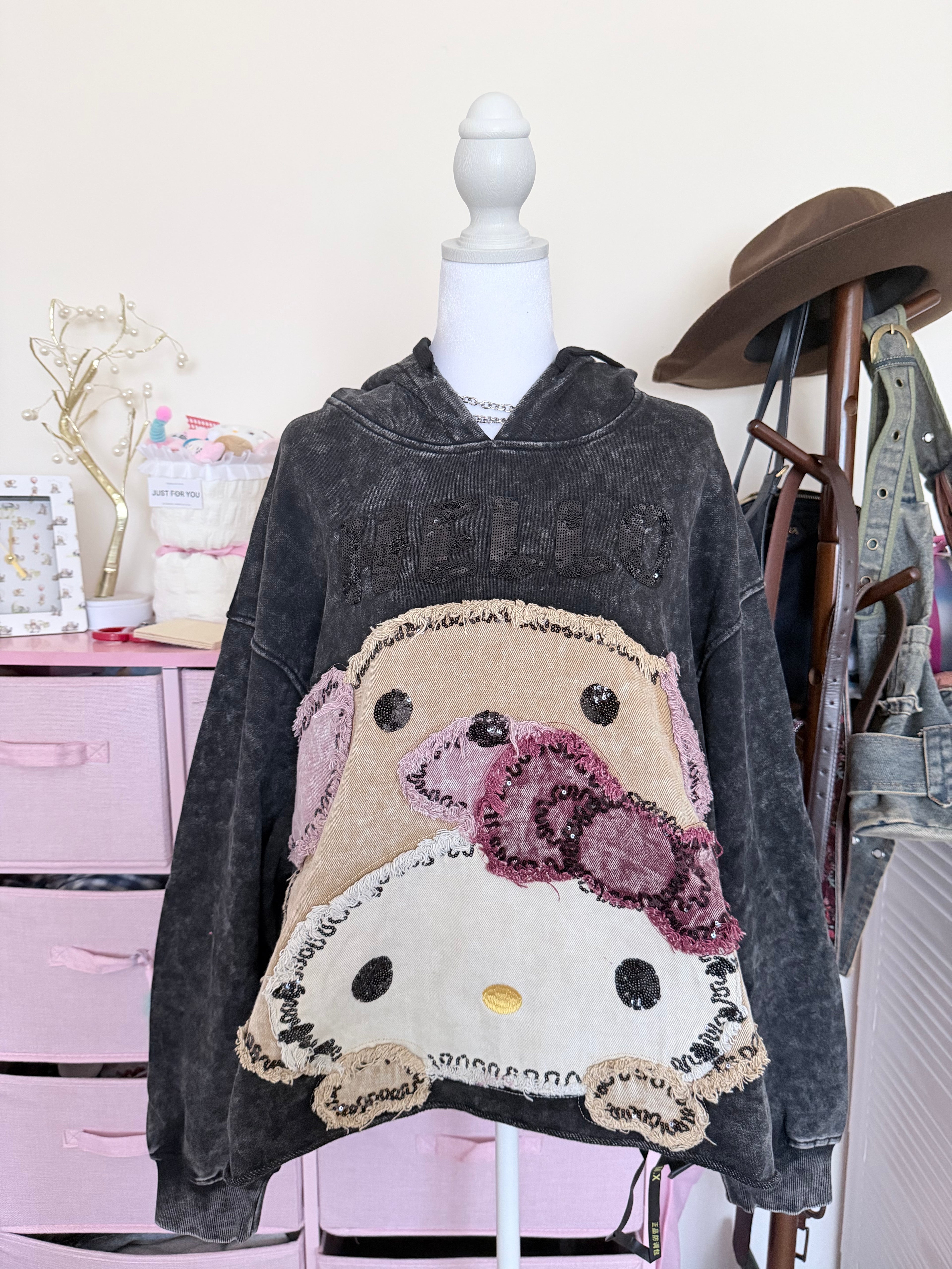 Washed Black Patchwork Graphic Hoodie | Rhinestone Y2K Oversized Sweatshirt
