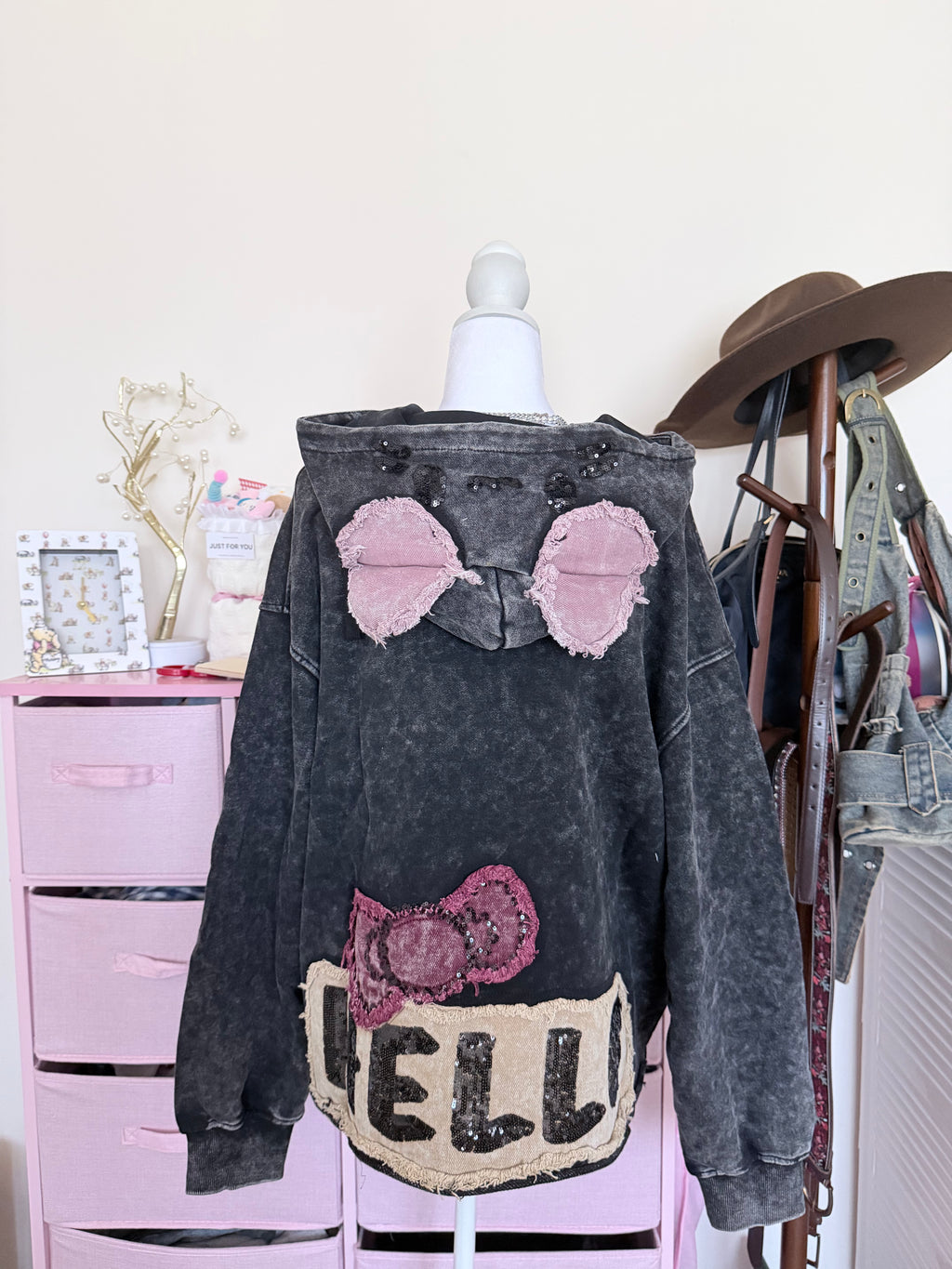 Washed Black Patchwork Graphic Hoodie | Rhinestone Y2K Oversized Sweatshirt
