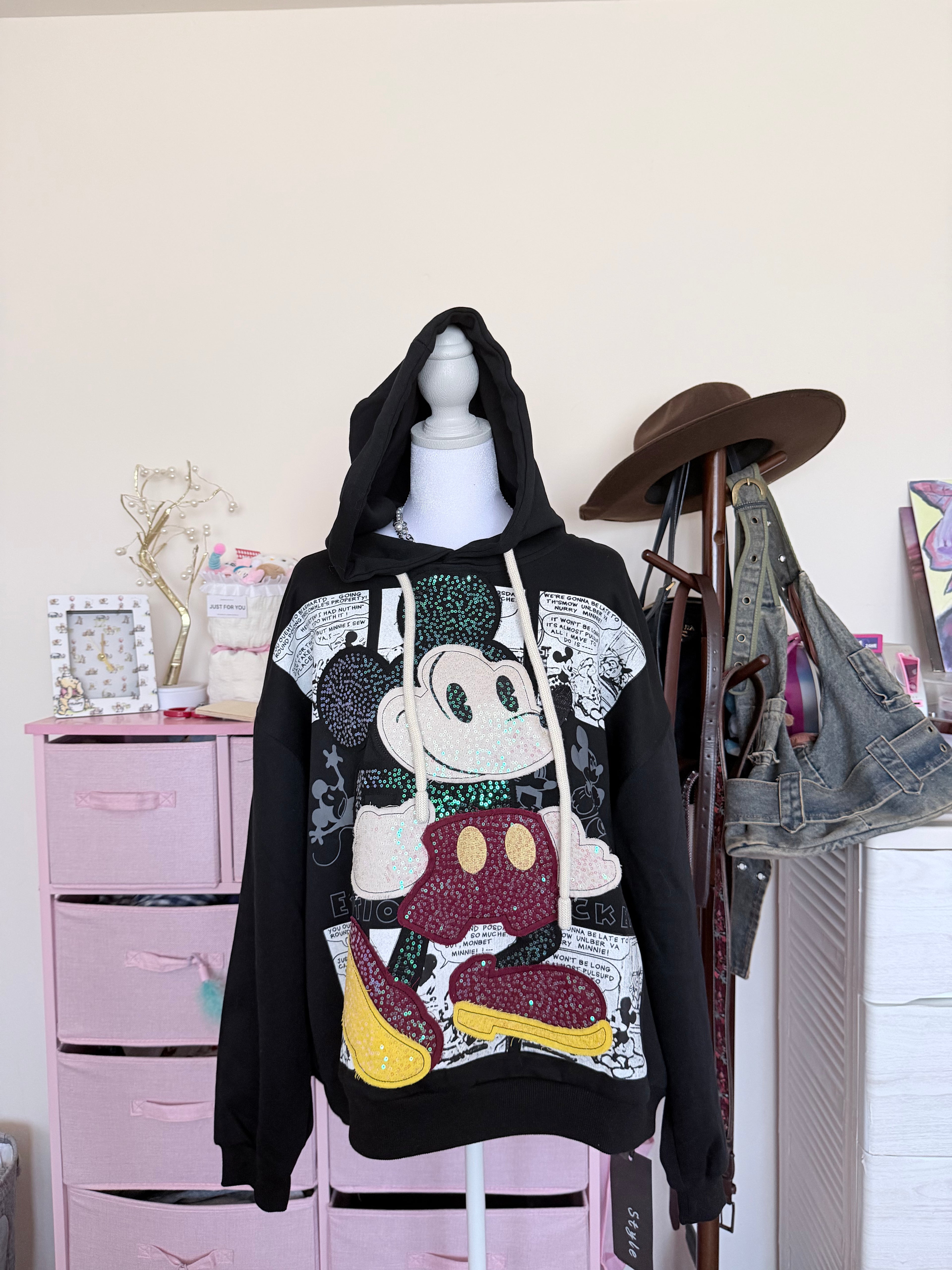 Black Rhinestone Cartoon Graphic Hoodie | Y2K Oversized Comic Sweatshirt