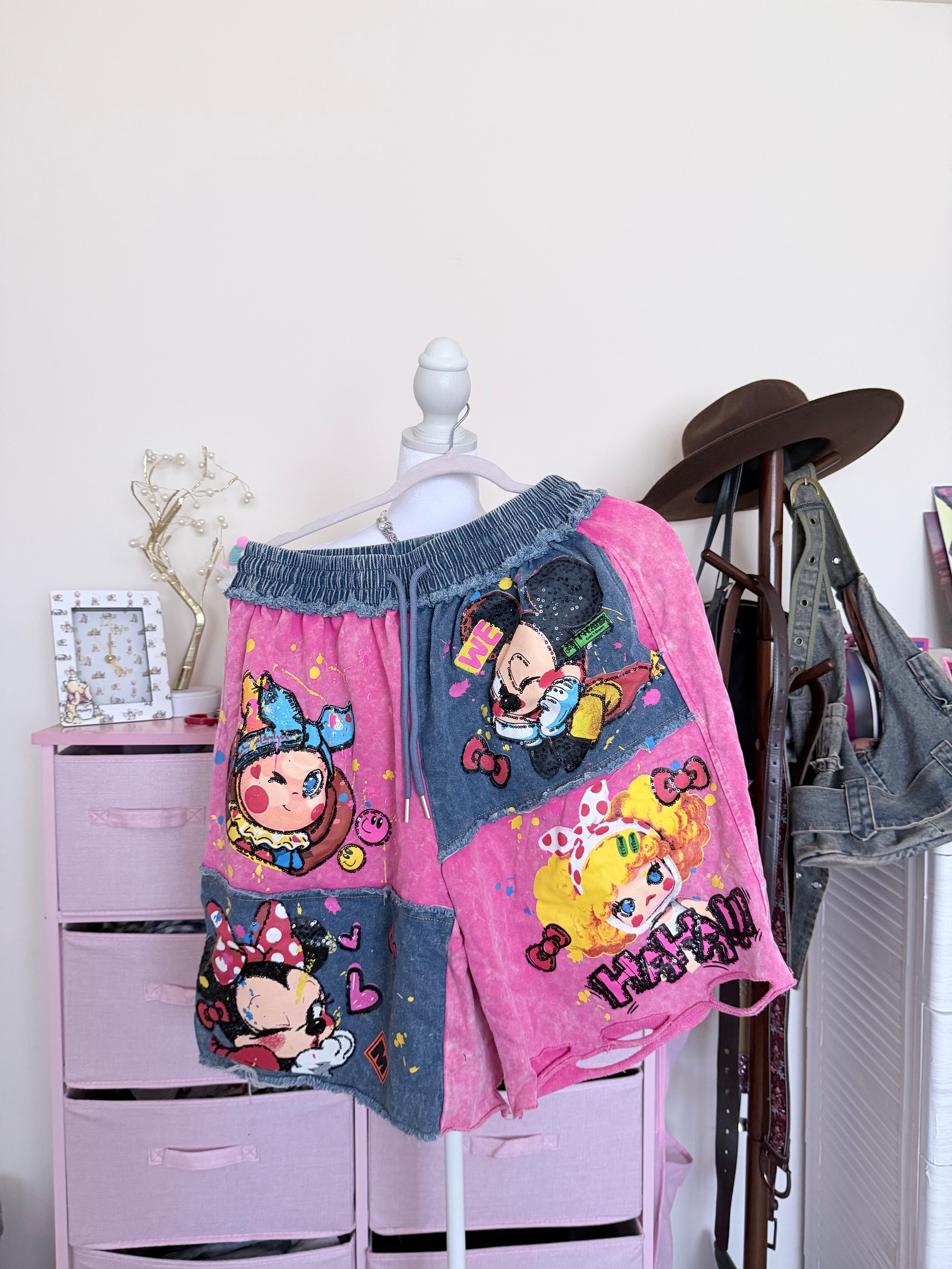 Pink Denim Patchwork Graphic Shorts | Distressed Y2K Bermuda Shorts