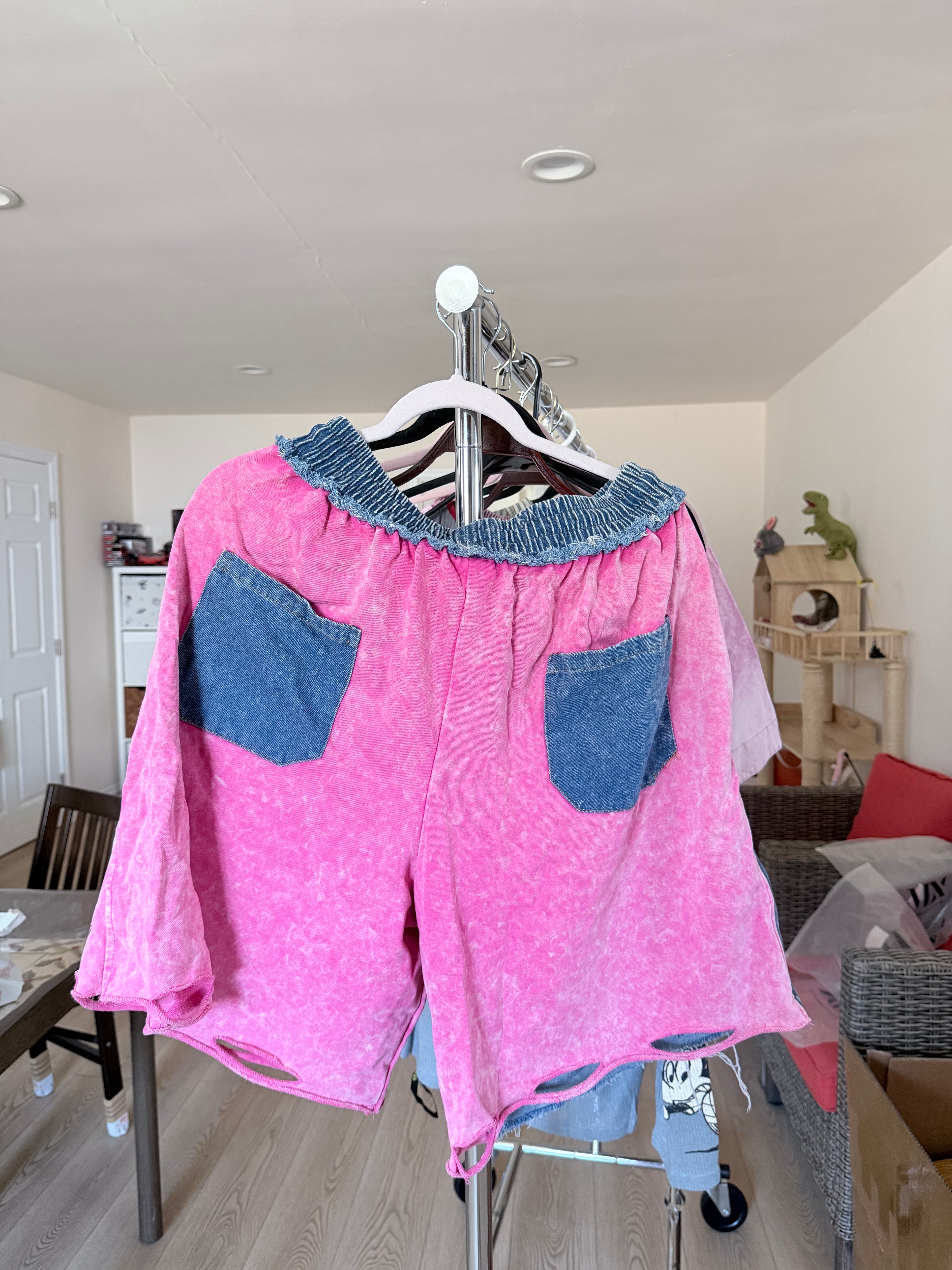 Pink Denim Patchwork Graphic Shorts | Distressed Y2K Bermuda Shorts