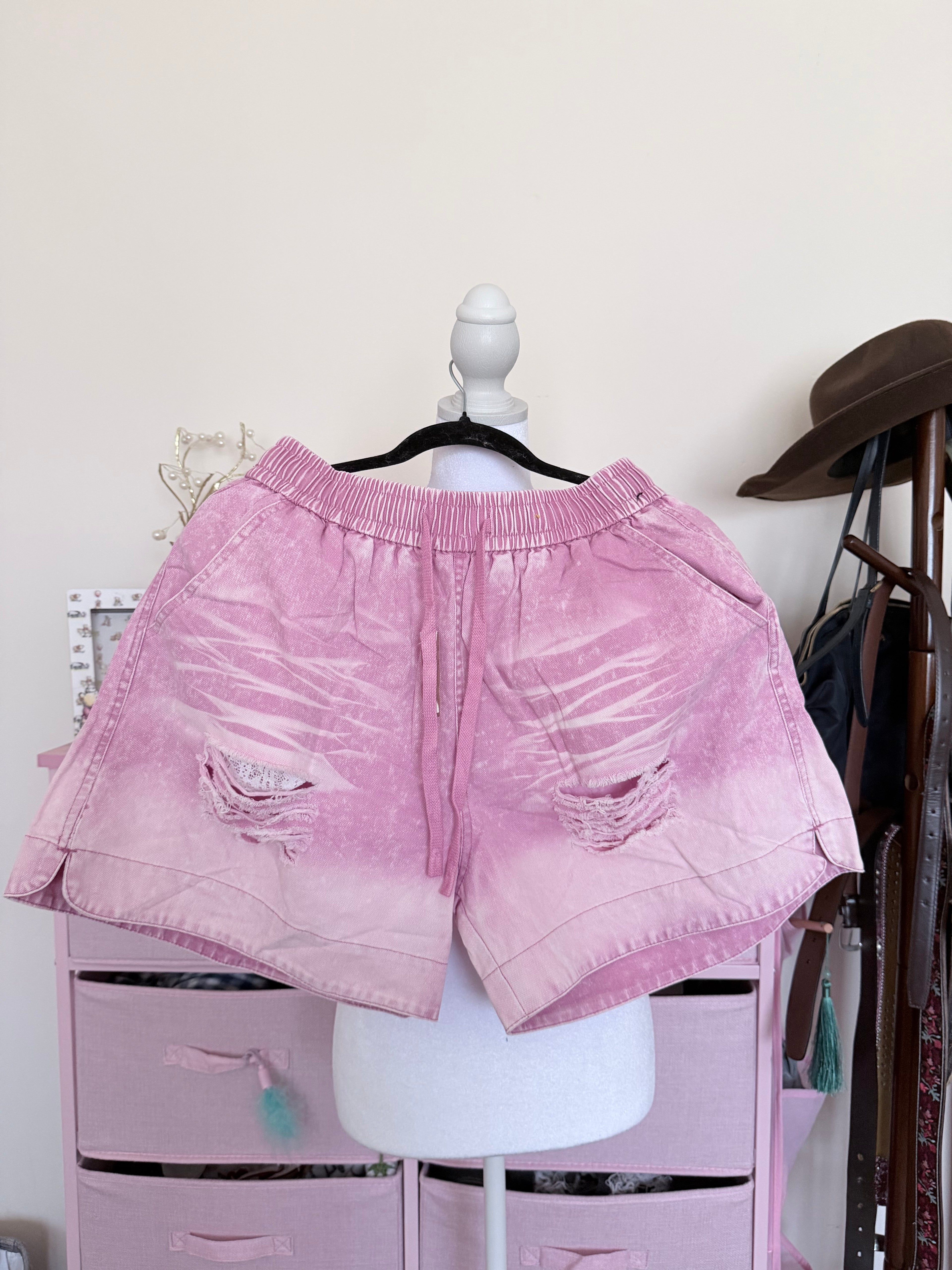 Pink Washed Distressed Denim Shorts | Vintage Cartoon Patchwork Shorts