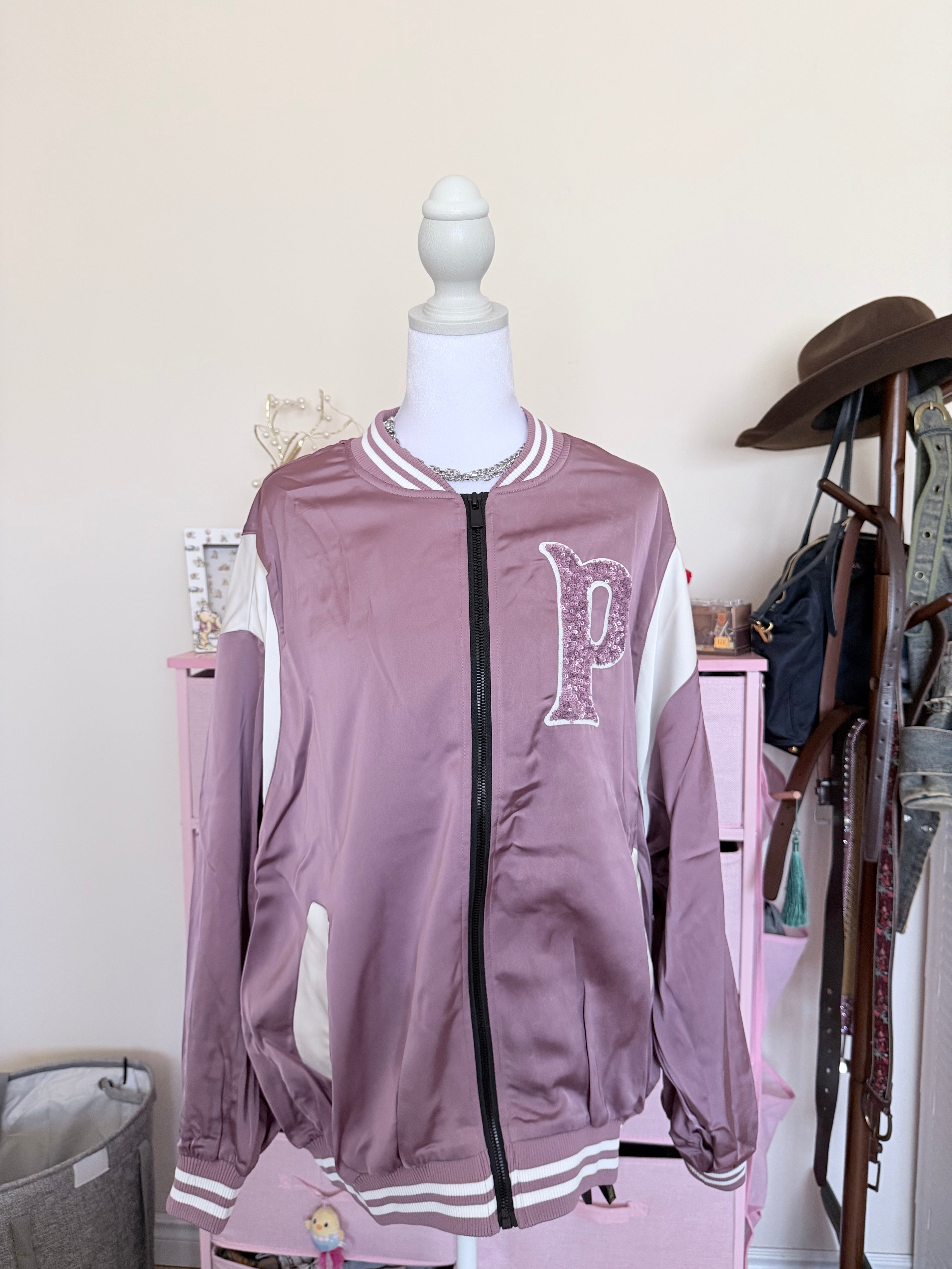 Dusty Pink Sequin Varsity Bomber Jacket | Y2K Zip-Up Jacket