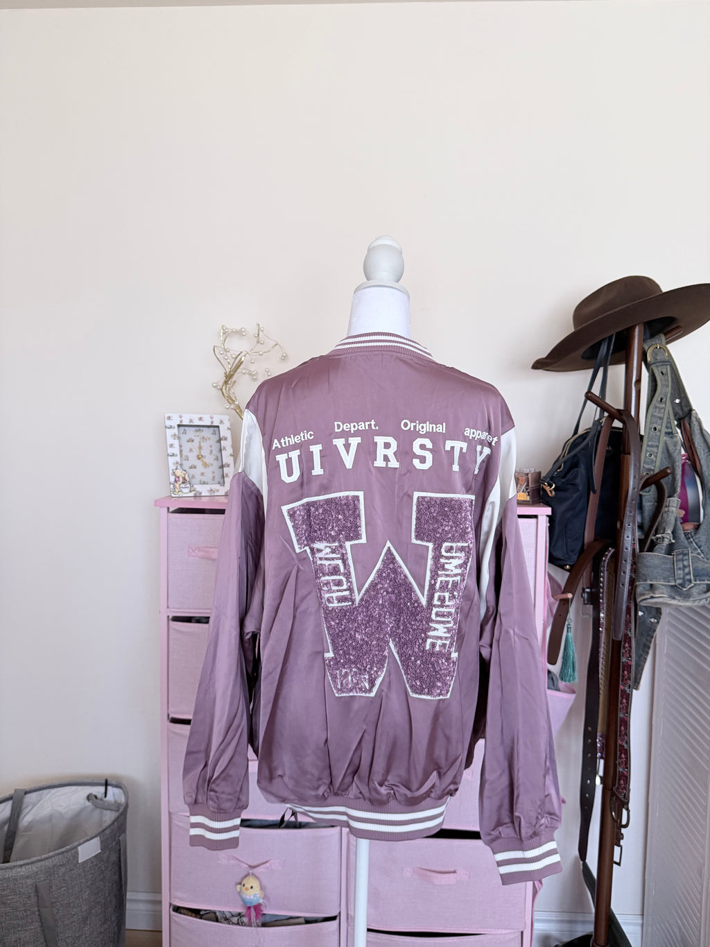 Dusty Pink Sequin Varsity Bomber Jacket | Y2K Zip-Up Jacket