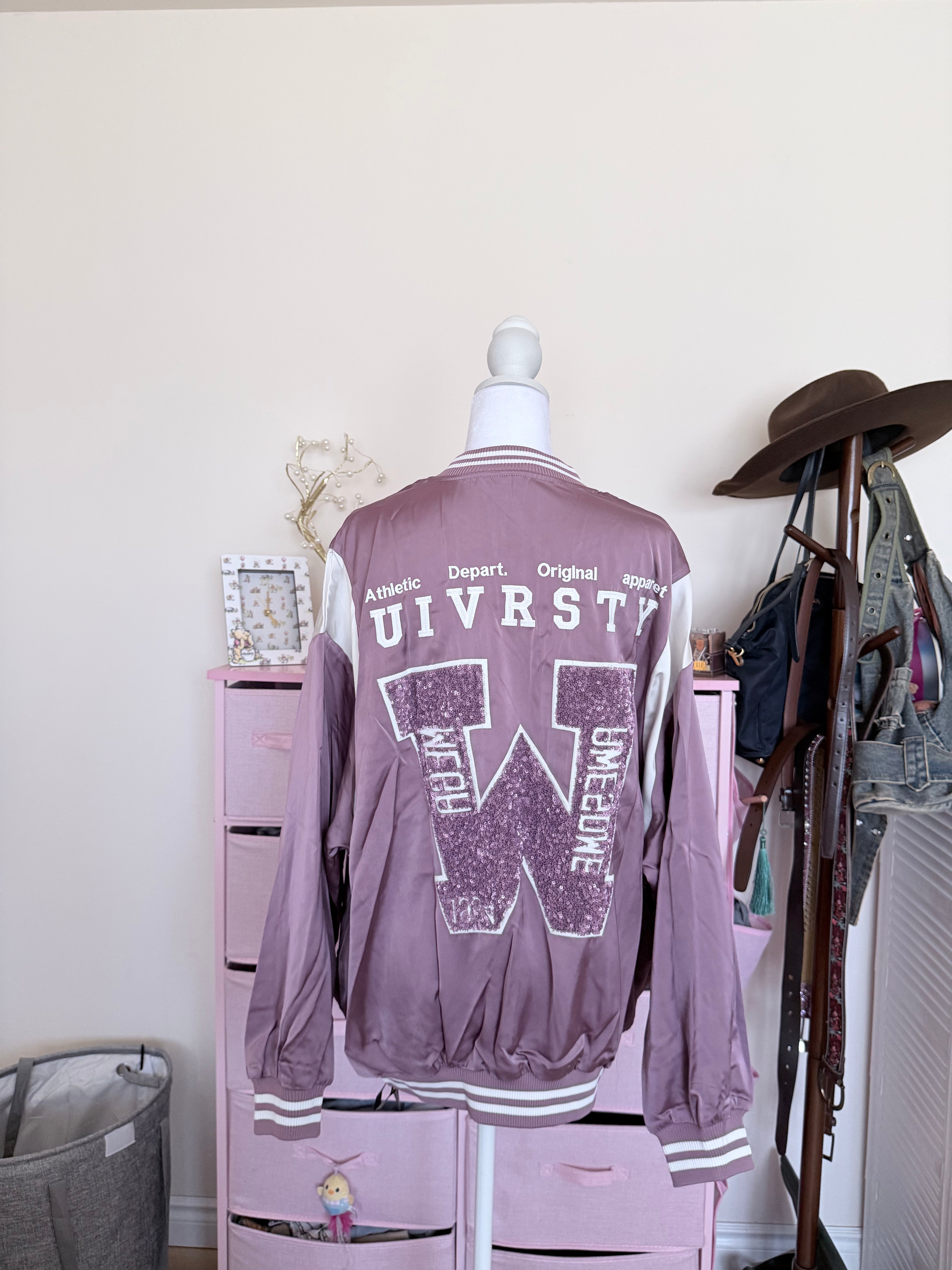 Dusty Pink Sequin Varsity Bomber Jacket | Y2K Zip-Up Jacket
