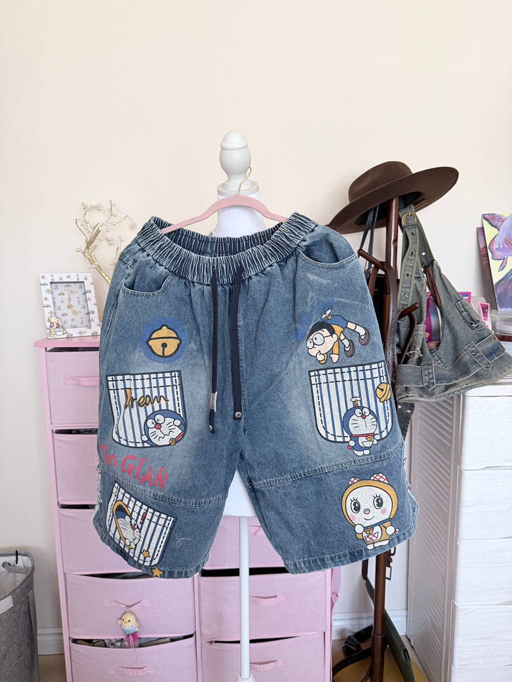 Washed Denim Cartoon Patch Bermuda Shorts | Y2K Drawstring Shorts