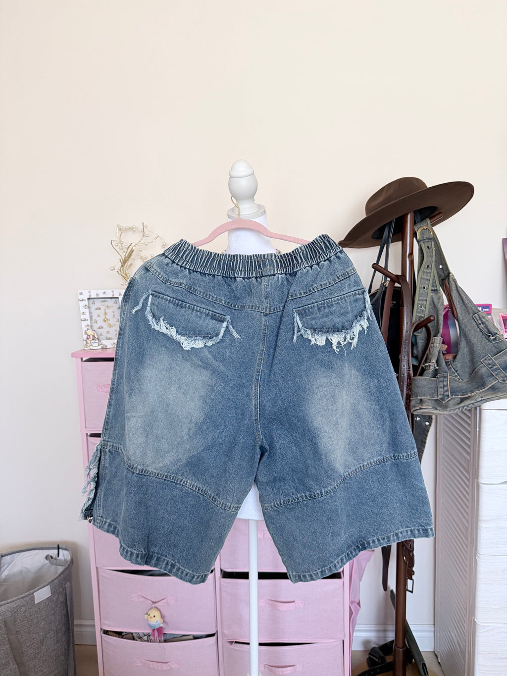 Washed Denim Cartoon Patch Bermuda Shorts | Y2K Drawstring Shorts