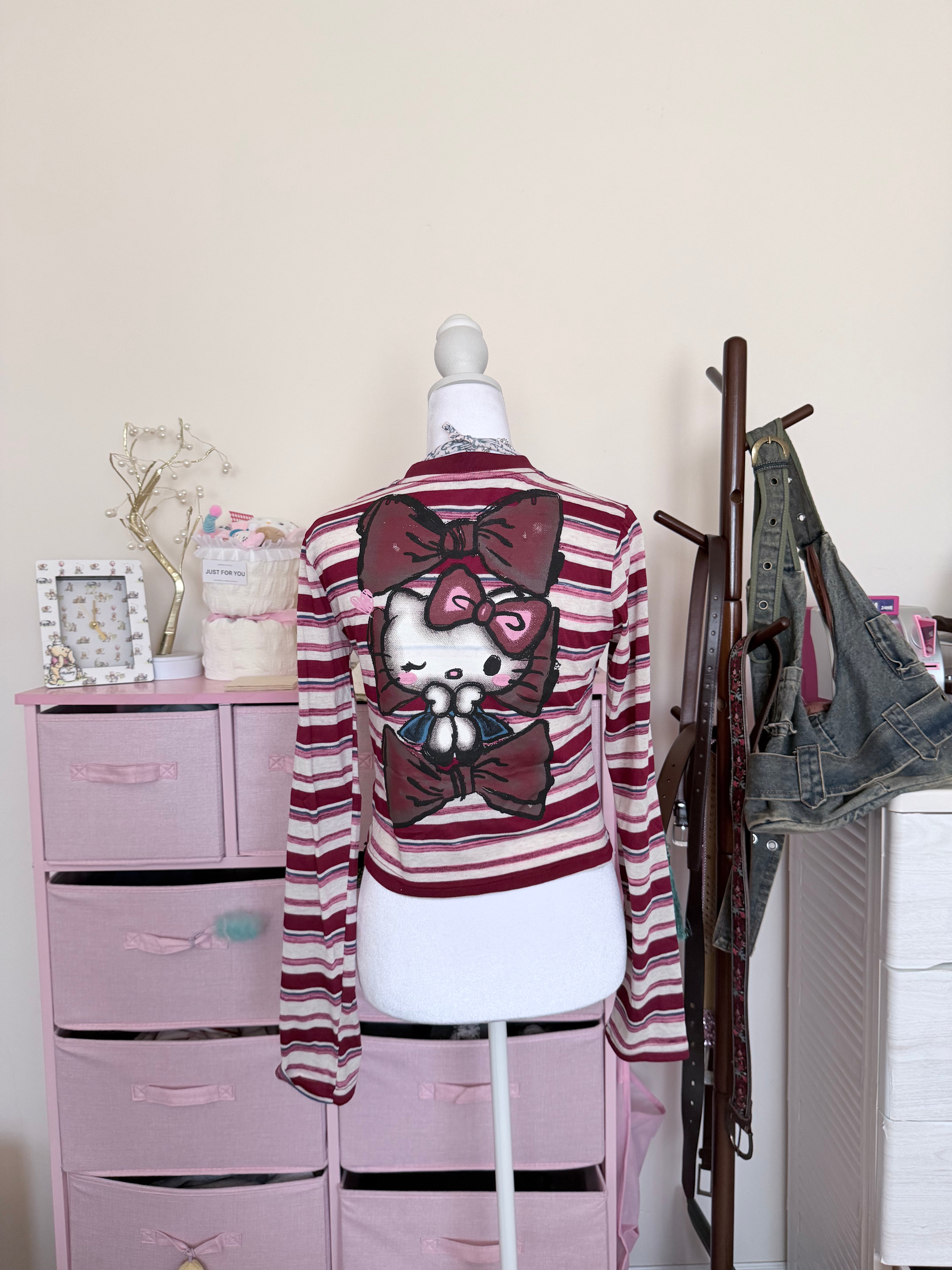Burgundy Stripe Bow Kitty Long Sleeve Top