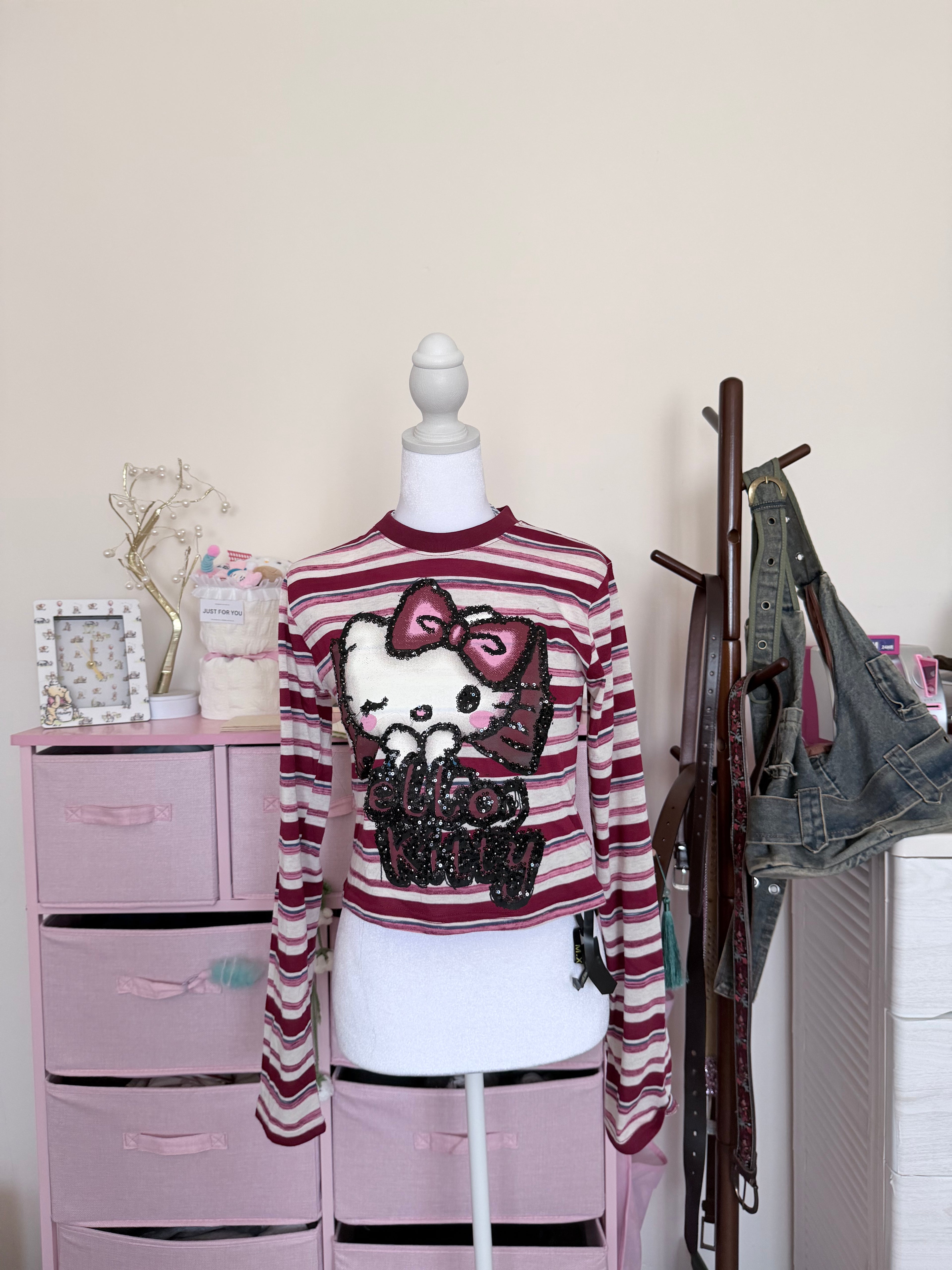 Burgundy Stripe Bow Kitty Long Sleeve Top