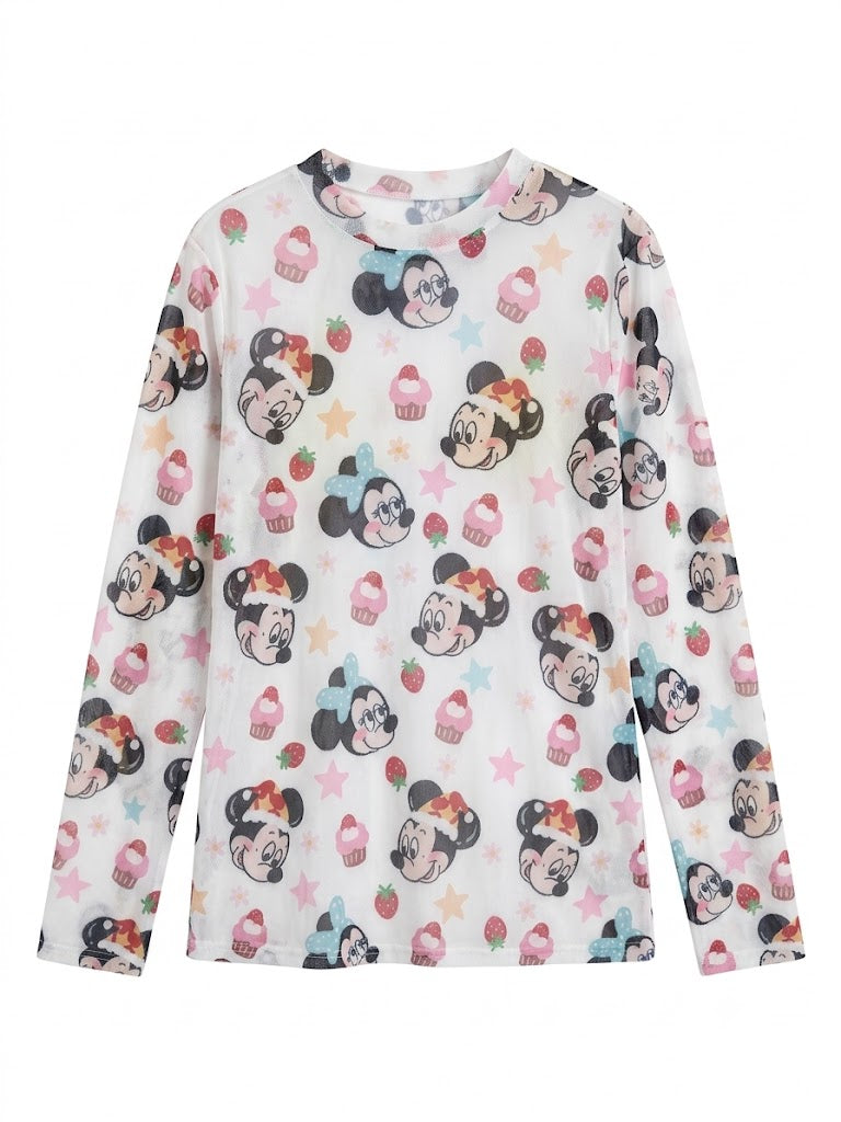 Cute Cartoon Print Sheer Long Sleeve Top | Y2K Kawaii Harajuku