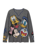Vintage Cartoon Graphic V-Neck Long Sleeve Top – Grey