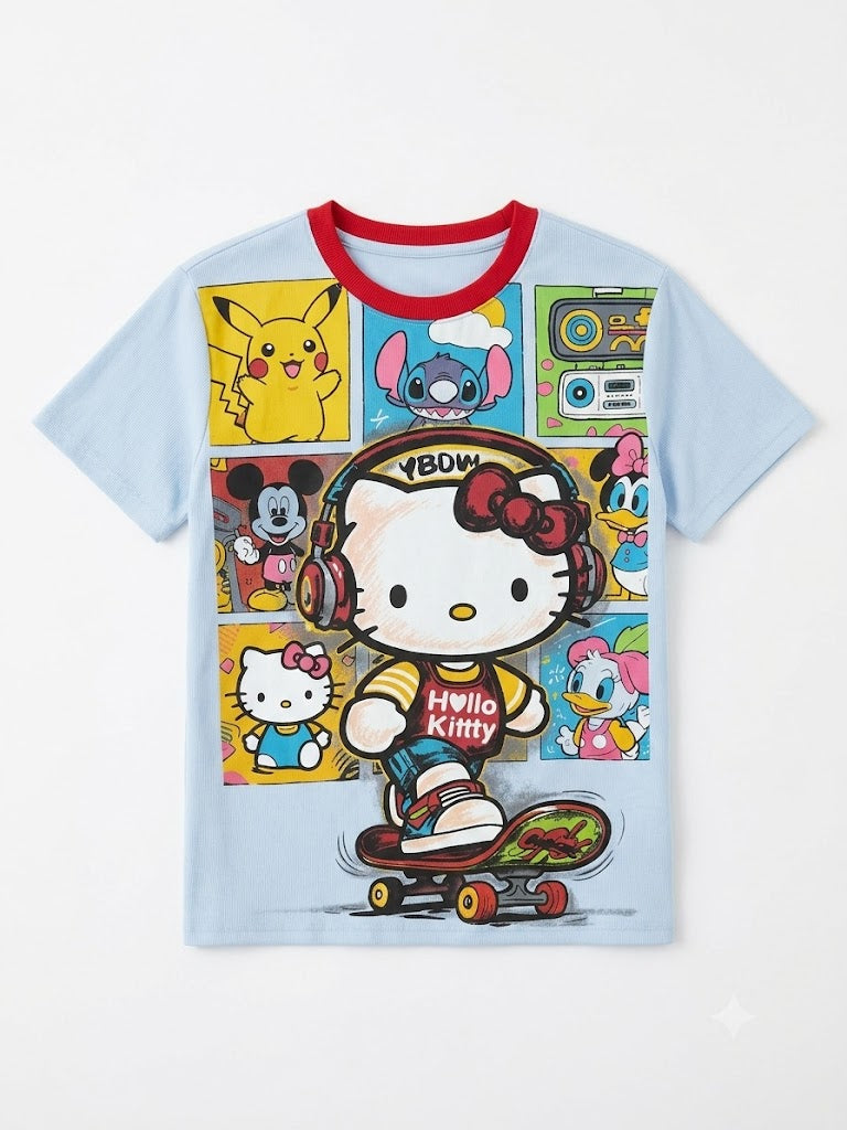 Vintage Cartoon Collage Graphic Oversized T-Shirt – Blue
