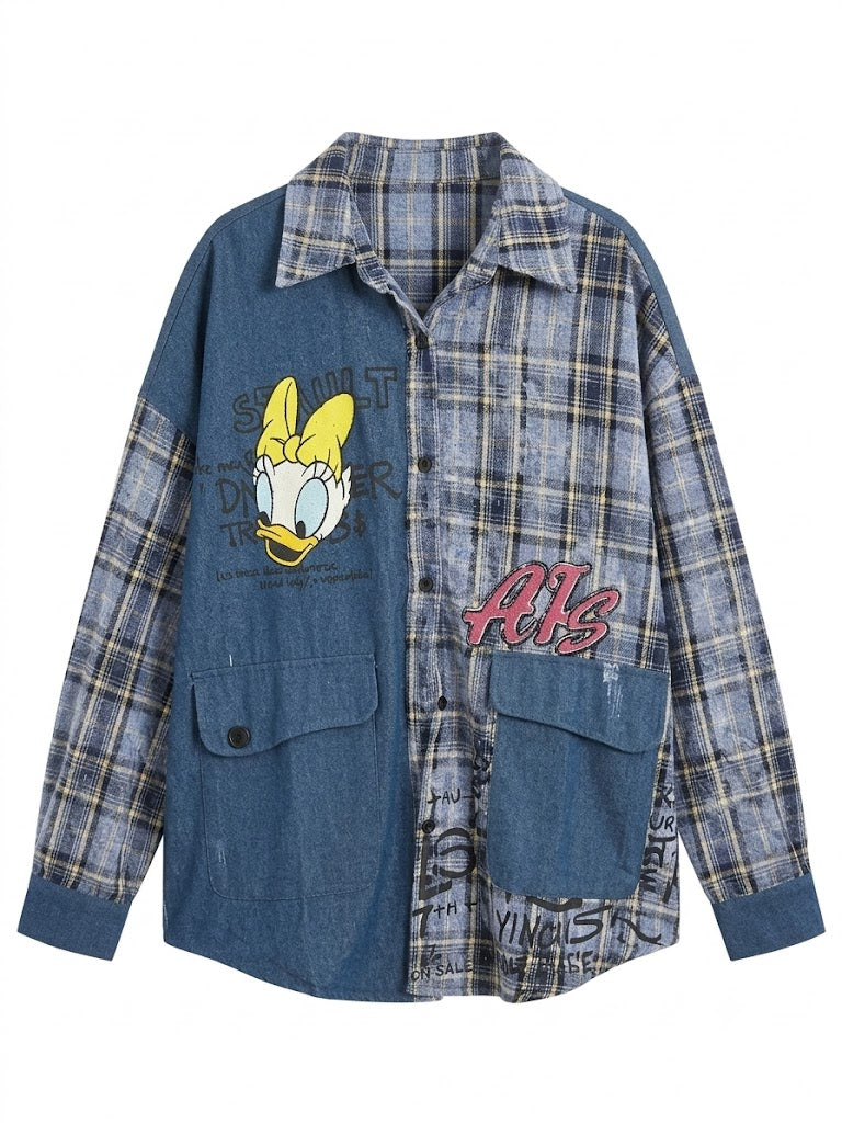 Vintage Patchwork Denim Plaid Button-Up Shirt | Oversized Y2K Style
