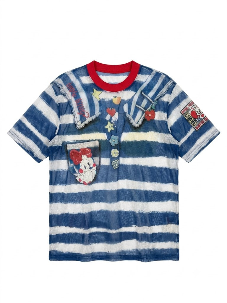 Vintage Sailor Collar Patchwork Striped T-Shirt – Blue