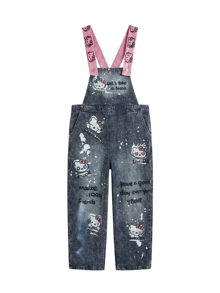 Vintage Denim Overalls with Hello Kitty Graphics