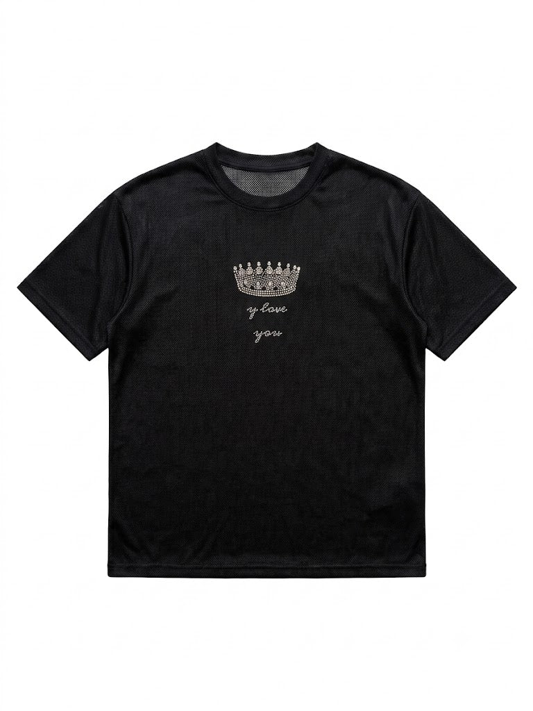 Rhinestone Crown Mesh Oversized T-Shirt – Black