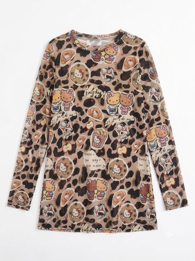 Leopard Kitty Graphic Mesh Long Sleeve Top | Y2K Harajuku Cute Punk