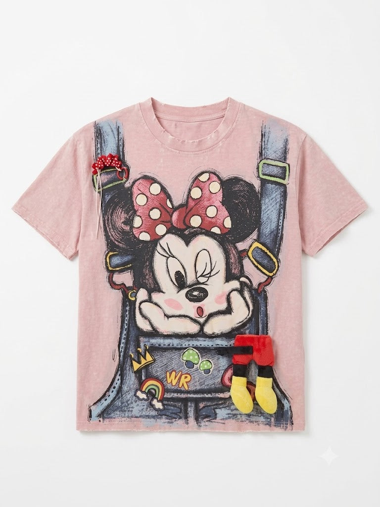 Pink Cartoon Graphic T-Shirt with 3D Plush Detail | Y2K Vintage Tee