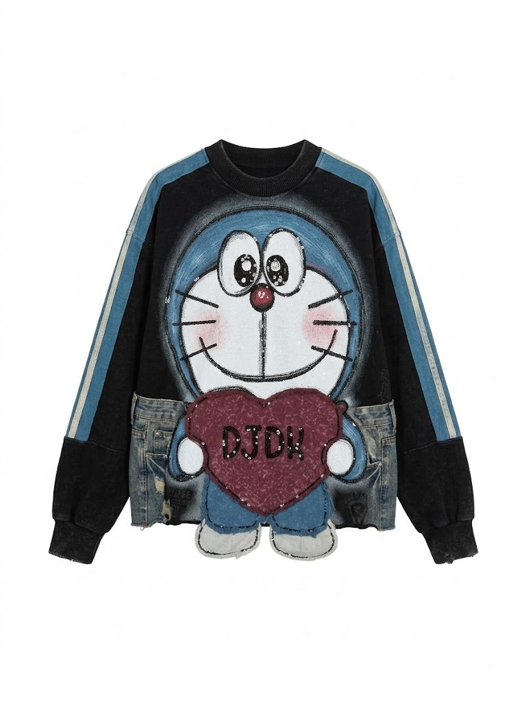 Cartoon Heart Patchwork Oversized Sweatshirt