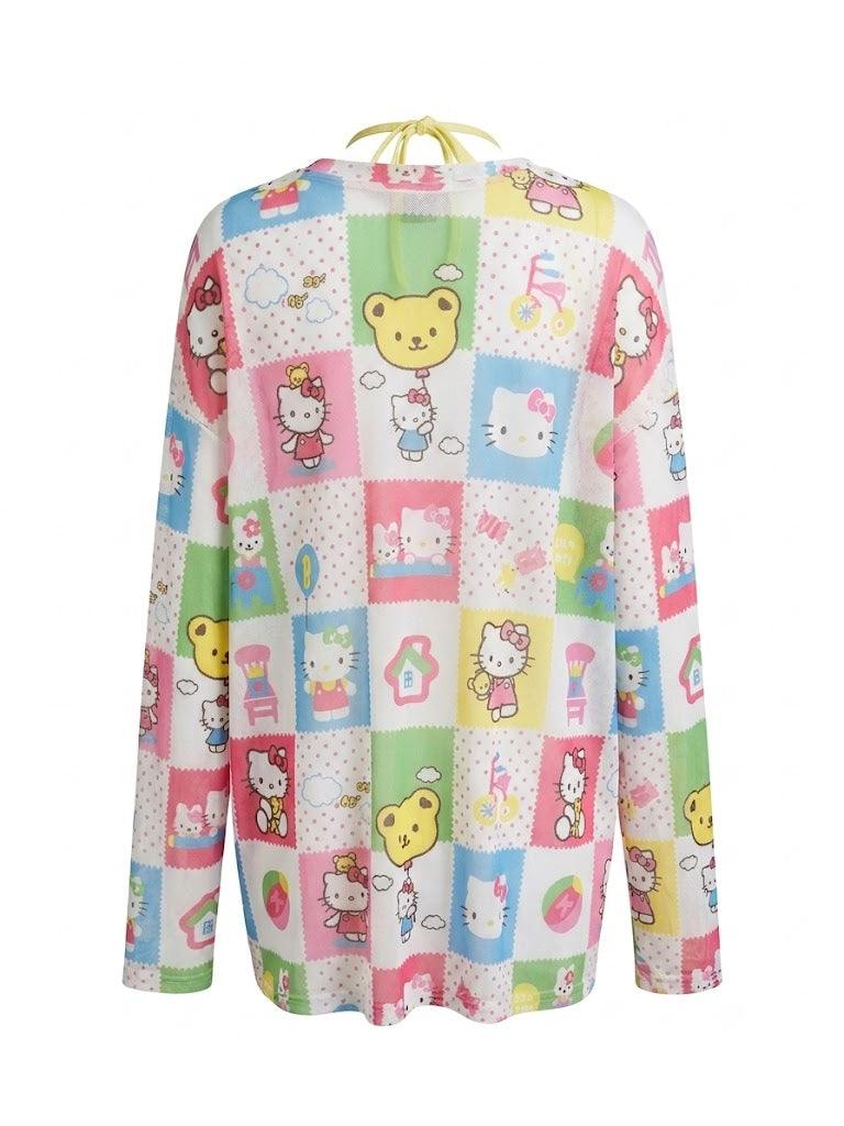 Pastel Cartoon Print Mesh Long Sleeve Top