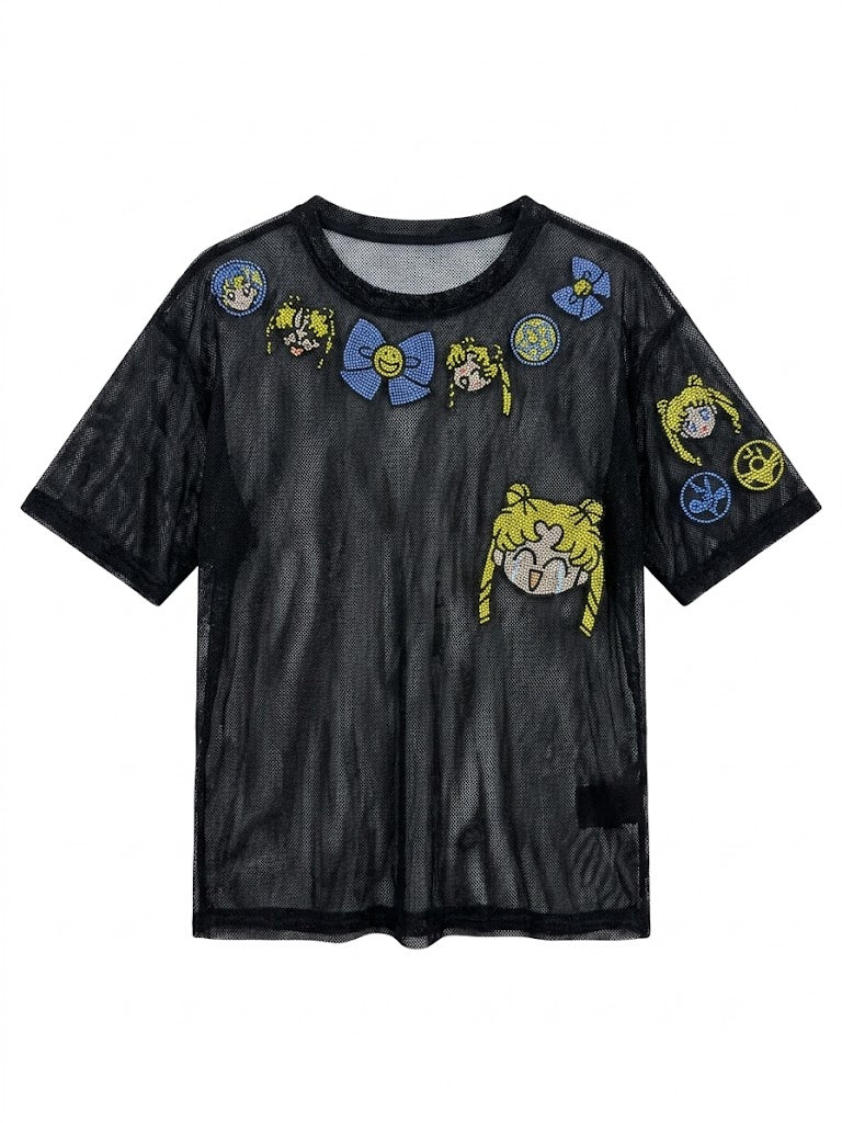 Y2K Embroidered Sheer Mesh T-Shirt