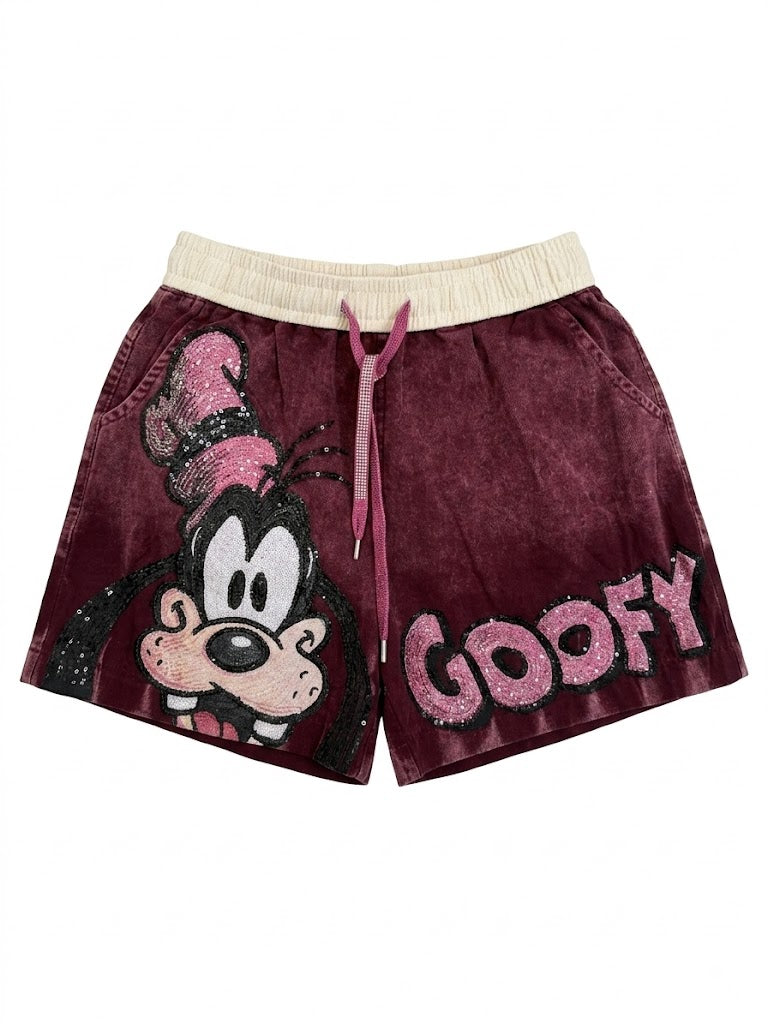 Burgundy Sequin Cartoon Patchwork Shorts
