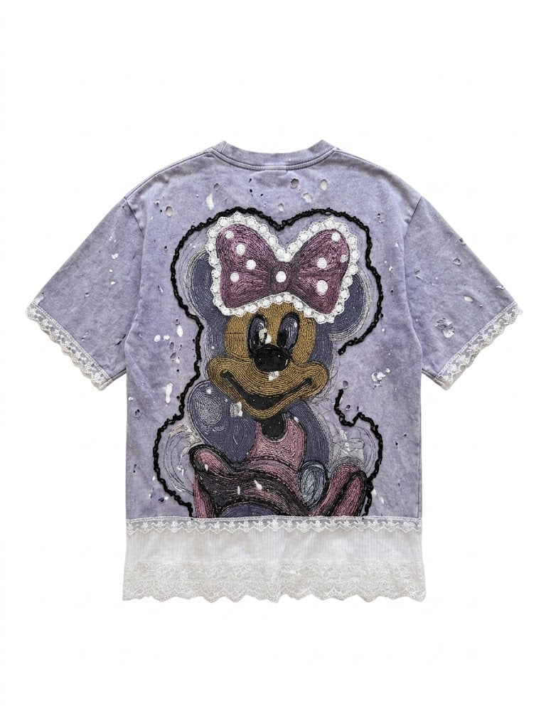Purple Lace Distressed Rhinestone Cartoon Graphic T-Shirt | Y2K Coquette Grunge Top