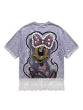 Purple Lace Distressed Rhinestone Cartoon Graphic T-Shirt | Y2K Coquette Grunge Top