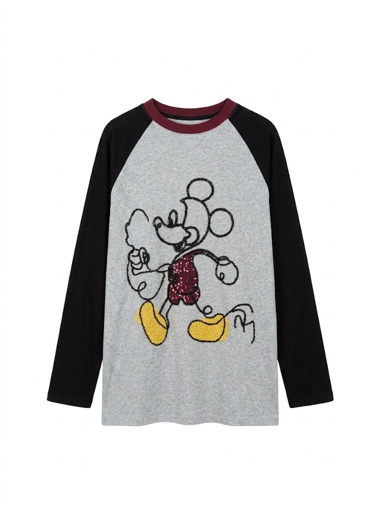 Grey Raglan Cartoon Graphic Long Sleeve T-Shirt | Y2K Casual Streetwear Top