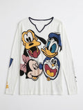 Sparkle Patch Graphic V-Neck Long Sleeve Top – White