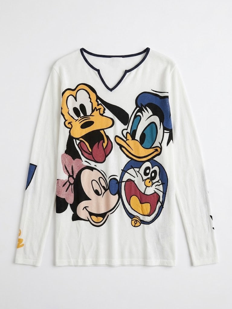 Sparkle Patch Graphic V-Neck Long Sleeve Top – White