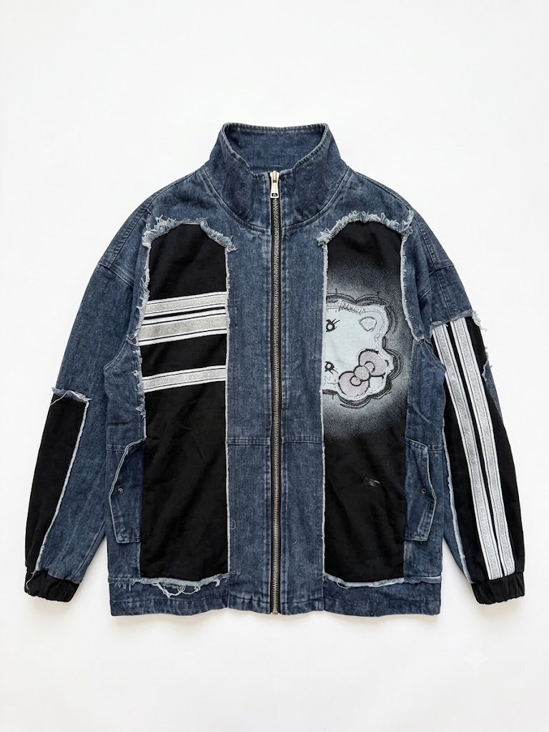 Patchwork Denim Zip-Up Jacket | Distressed Streetwear Oversized Outerwear