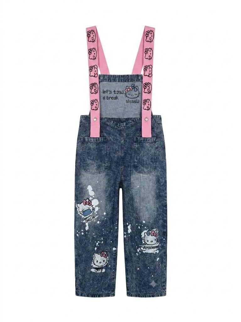 Vintage Denim Overalls with Hello Kitty Graphics