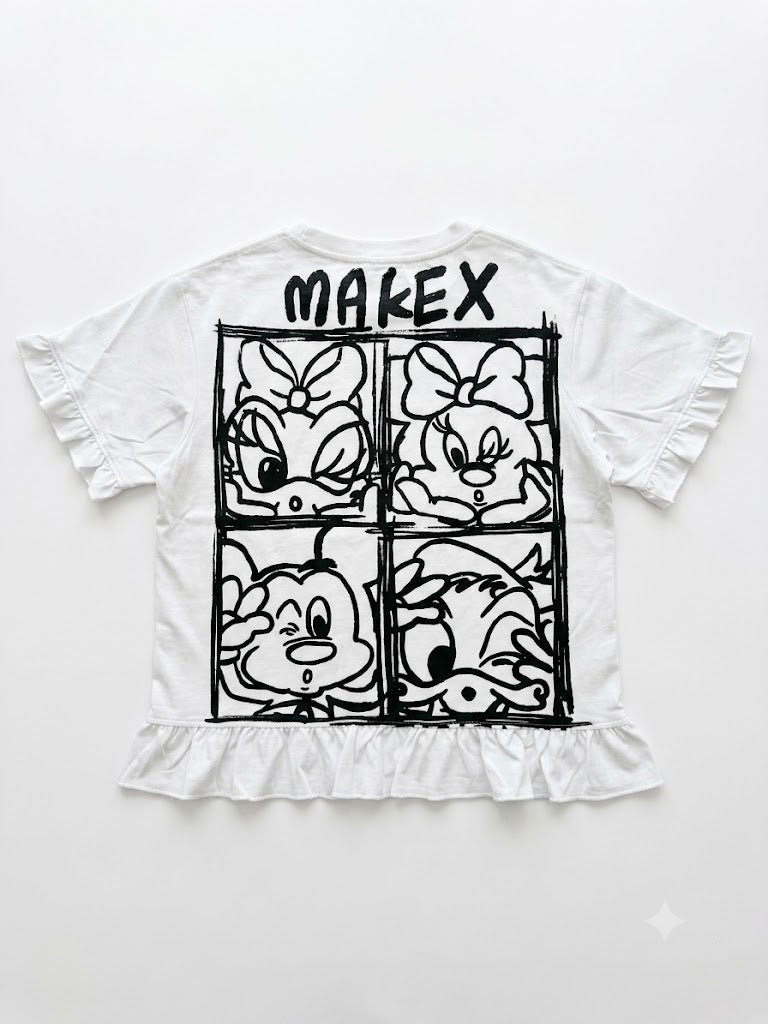 Ruffle Hem Patchwork Graphic T-Shirt – White