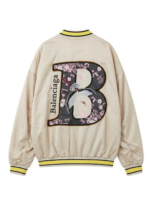 Beige Embroidered Varsity Bomber Jacket | Vintage Cartoon Floral Jacket