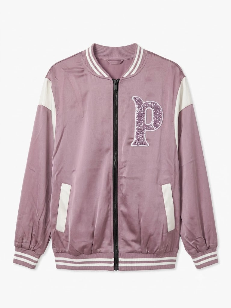 Dusty Pink Sequin Varsity Bomber Jacket | Y2K Zip-Up Jacket