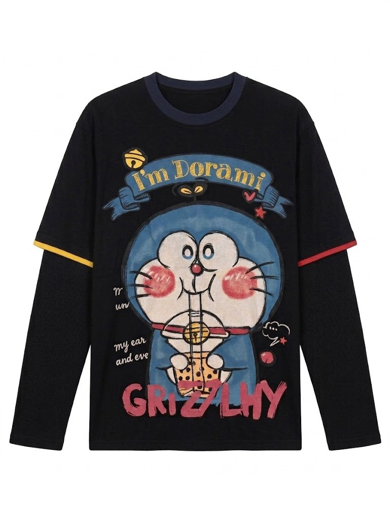 Cute Cartoon Layered Long Sleeve Top | Y2K Kawaii Streetwear