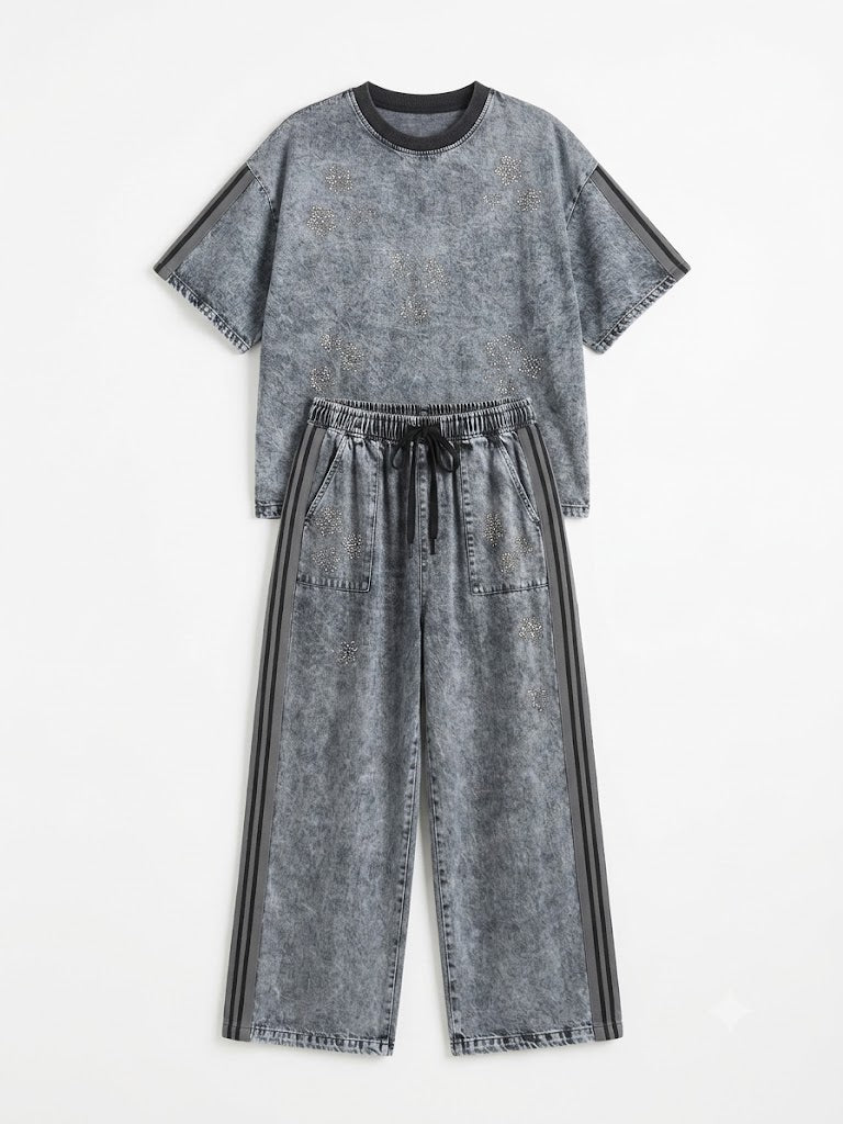 Washed Denim Rhinestone Two-Piece Set – Grey