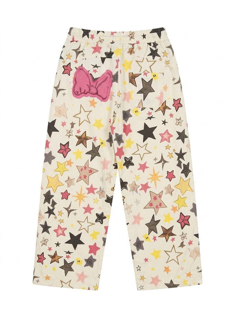 Y2K Star Print Wide Leg Pants | Cream