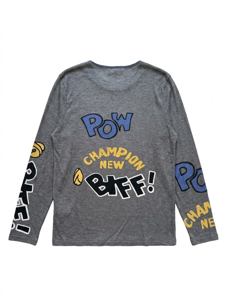 Vintage Cartoon Graphic V-Neck Long Sleeve Top – Grey