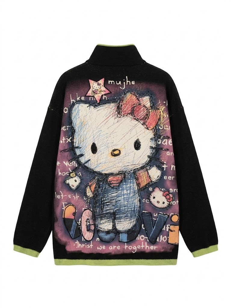 Black Cartoon Appliqué Half-Zip Pullover | Y2K Oversized Sweatshirt